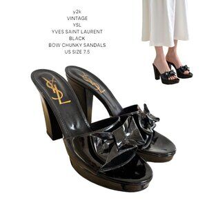VINTAGE Y2K YSL YVES SAINT LAURENT BLACK CHUNKY BOW SANDALS HEELS US‎ 7 1/2 EUC
